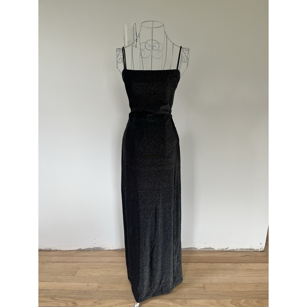 Black Glitter Prom Dress Maxi Gown Small Corset Goth Vamp 90s Y2K Vintage